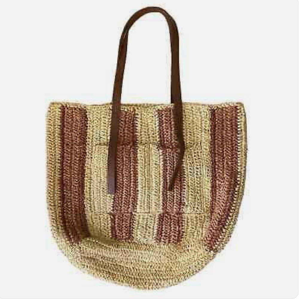 J. JILL Oversized Woven Straw Striped Tote Boho Vibes Leather Handle Market Bag - Picture 9 of 9
